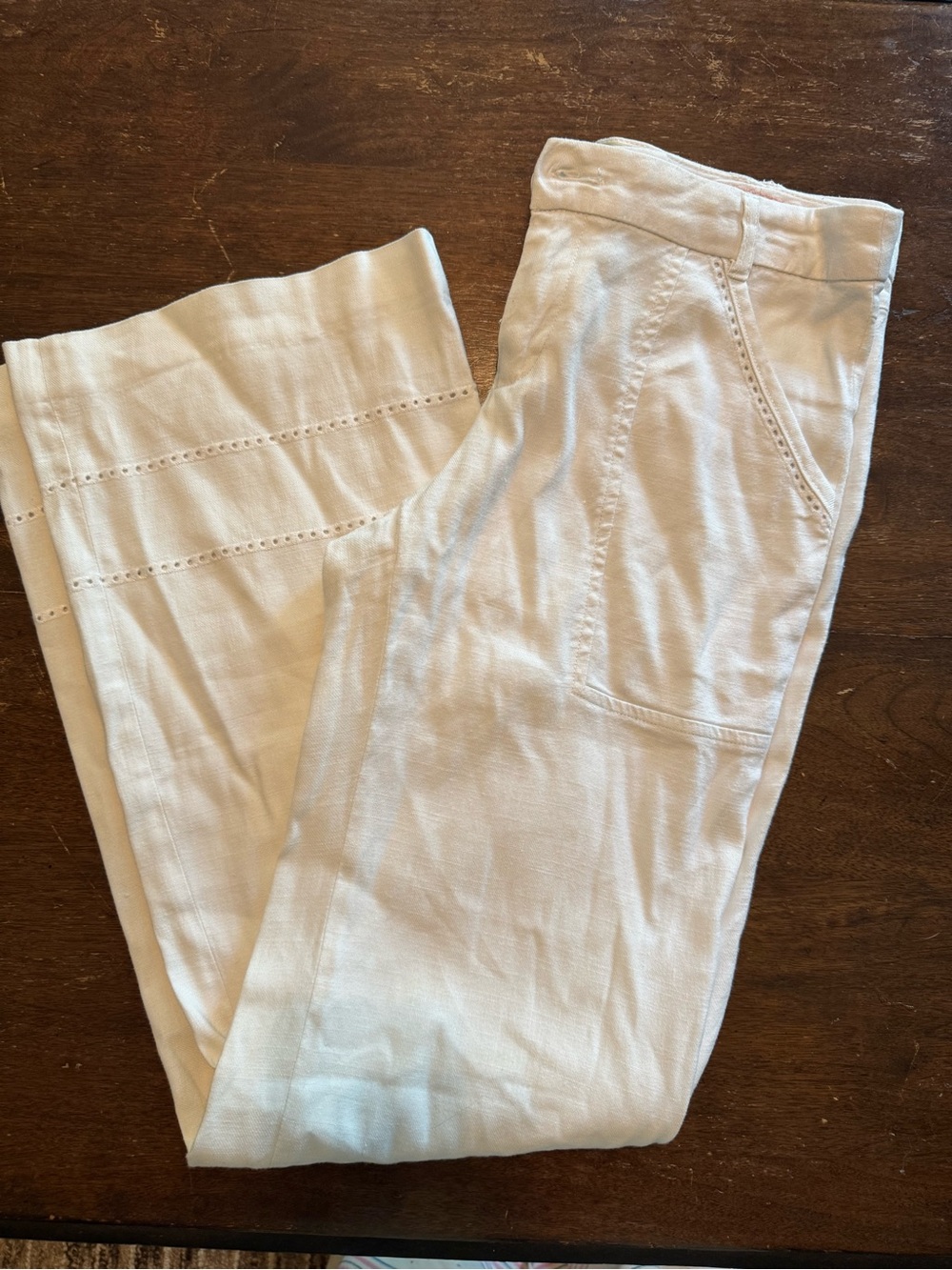 Anthropologie Elevenses Ivory Linen Blend Wide Leg Eyelet Trim Pants Size 0